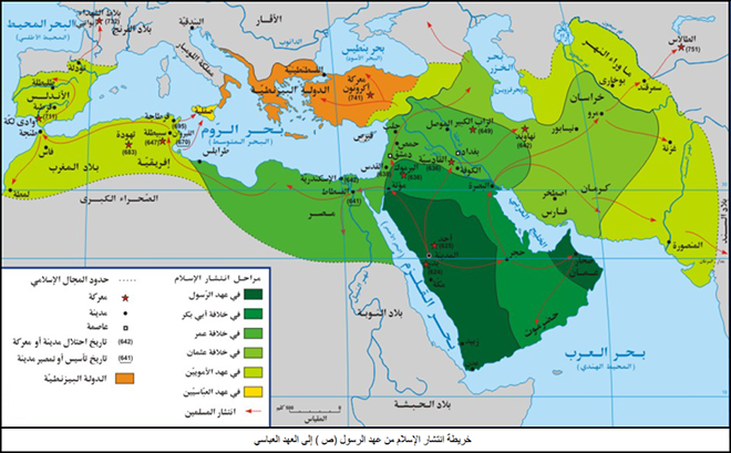 خريطة انتشار الإسلام من عهد الرسول(ص) إلى العهد العباسي