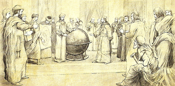 الإدريسي يعرض مجسّم الكرة الأرضيّة عند الملك روجر الثّاني